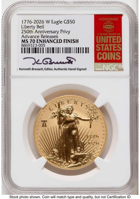 2026-W G$50 1 oz American Gold Eagle Coin NGC MS70 - Enhanced - Liberty Bell 250 Privy coin front image