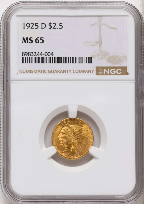 Bullionshark 1925-D $2.5 Indian Gold Quarter Eagle Coin NGC MS65 - HAT790494007 