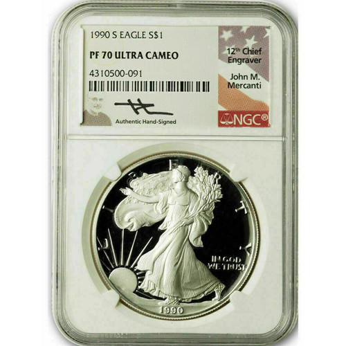 Bullionshark 1990-S Proof Silver Eagle NGC PF70 UCAM John Mercanti Signed 