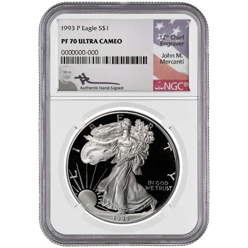 1994-P Silver Eagle NGC PF70 UCAM John Mercanti Signed - Bullion Shark