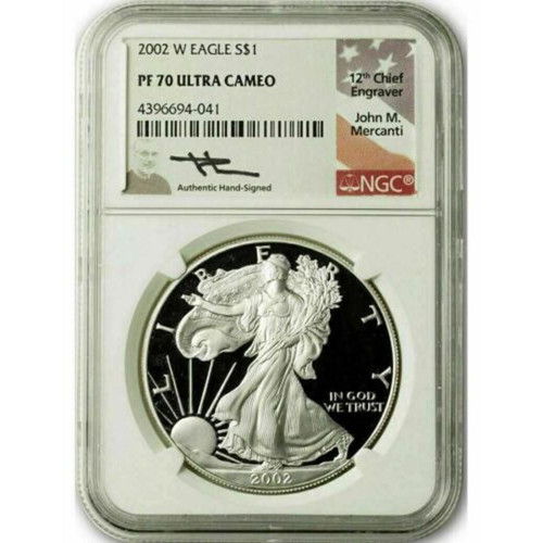 Bullionshark 2002-W Silver Eagle NGC PF70 UCAM John Mercanti Signed 