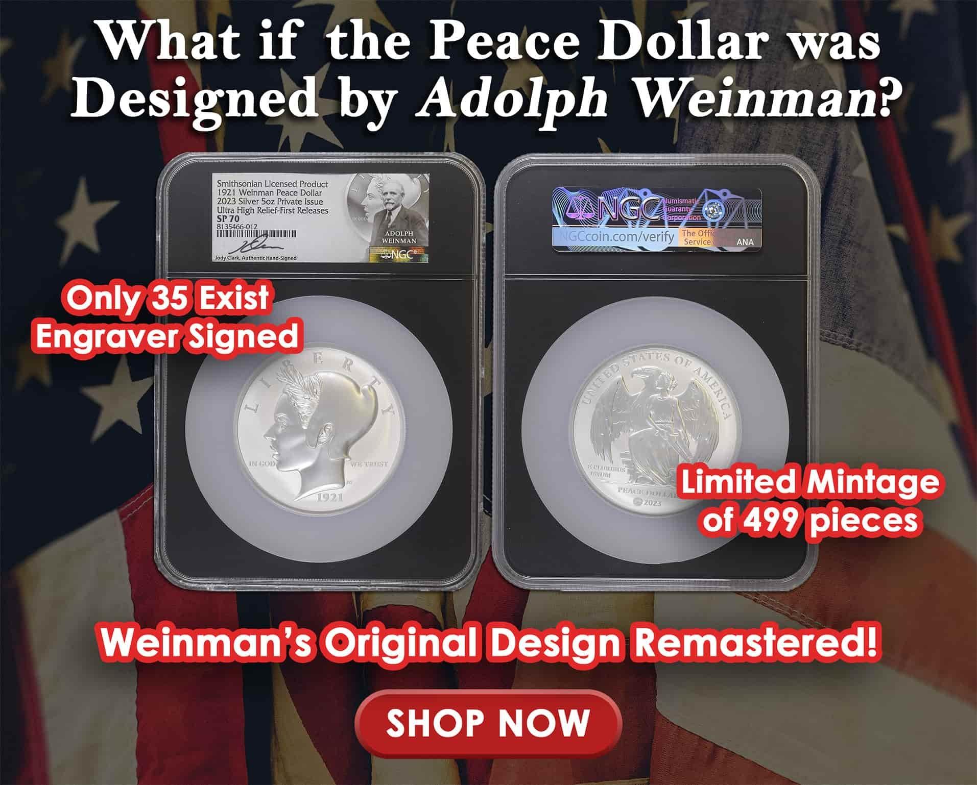 2023 5oz FR Smithsonian 1921 Weinman Peace Dollar Ultra High Relief NGC SP70 (Jody Clark Signed)