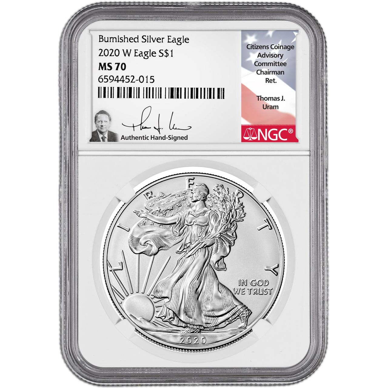 2020 W Burnished Silver Eagle NGC MS70 Thomas Uram Signed