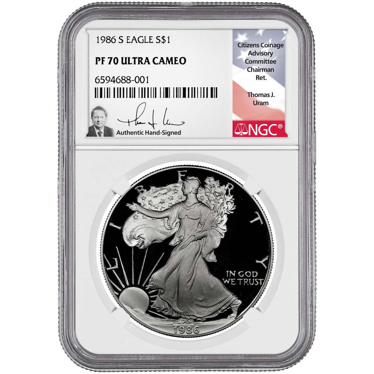1986 S Silver Eagle NGC PF70 UCAM Thomas Uram Signed