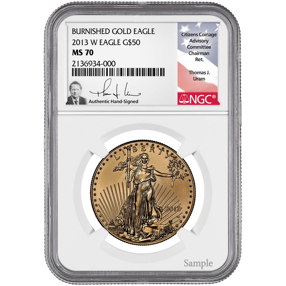 2016-W $50 Burnished Gold Eagle NGC MS70 Thomas Uram Signed