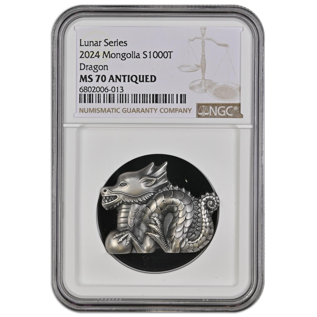 2024 1oz Silver Mongolian Dragon NGC MS70 - Antiqued Finish