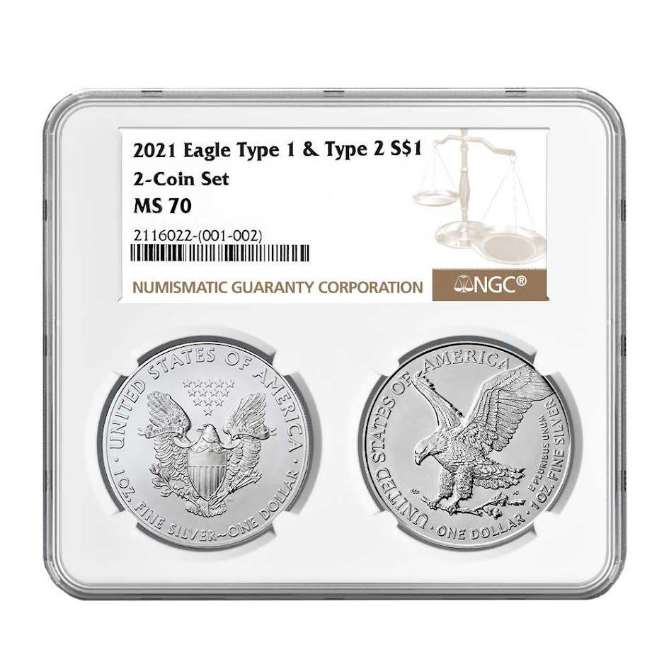 2021 $1 Type 1, Type 2 Silver Eagle Set PCGS MS70 First and