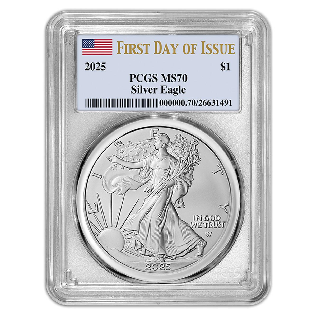 2025 American Silver Eagle PCGS MS70 FDI Flag Label For Sale