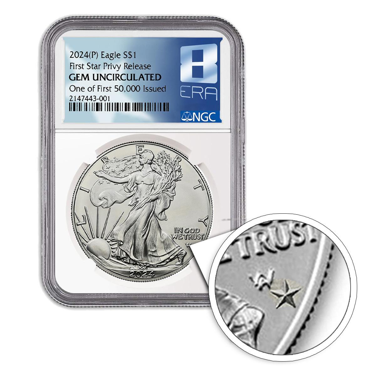 2024年　イーグル銀貨 FIRST STRIKE STAR privy Buy 2024 (P) Silver Eagle NGC GEM BU - First Star Privy 1 of