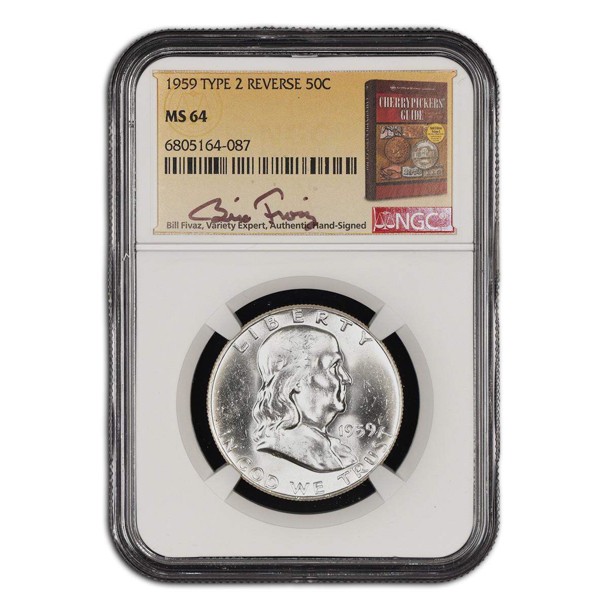 1959 Franklin Half Dollar NGC MS64 Type 2 Reverse - Fivaz Signed