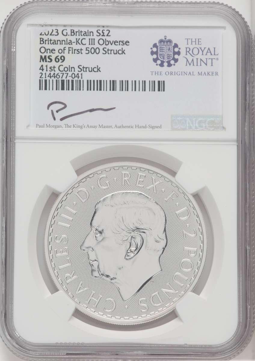 2023 £2 Silver Britannia-KC III Obverse NGC MS 69 One of First 500 Struck Paul Morgan Signed HAT765076021
