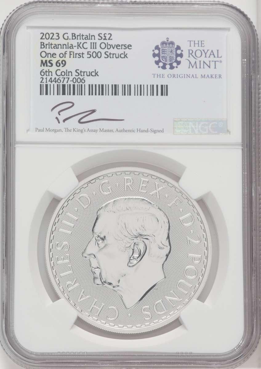 2023 £2 Silver Britannia-KC III Obverse NGC MS69 One of Last 500 Struck Paul Morgan Signed - HAT765076079
