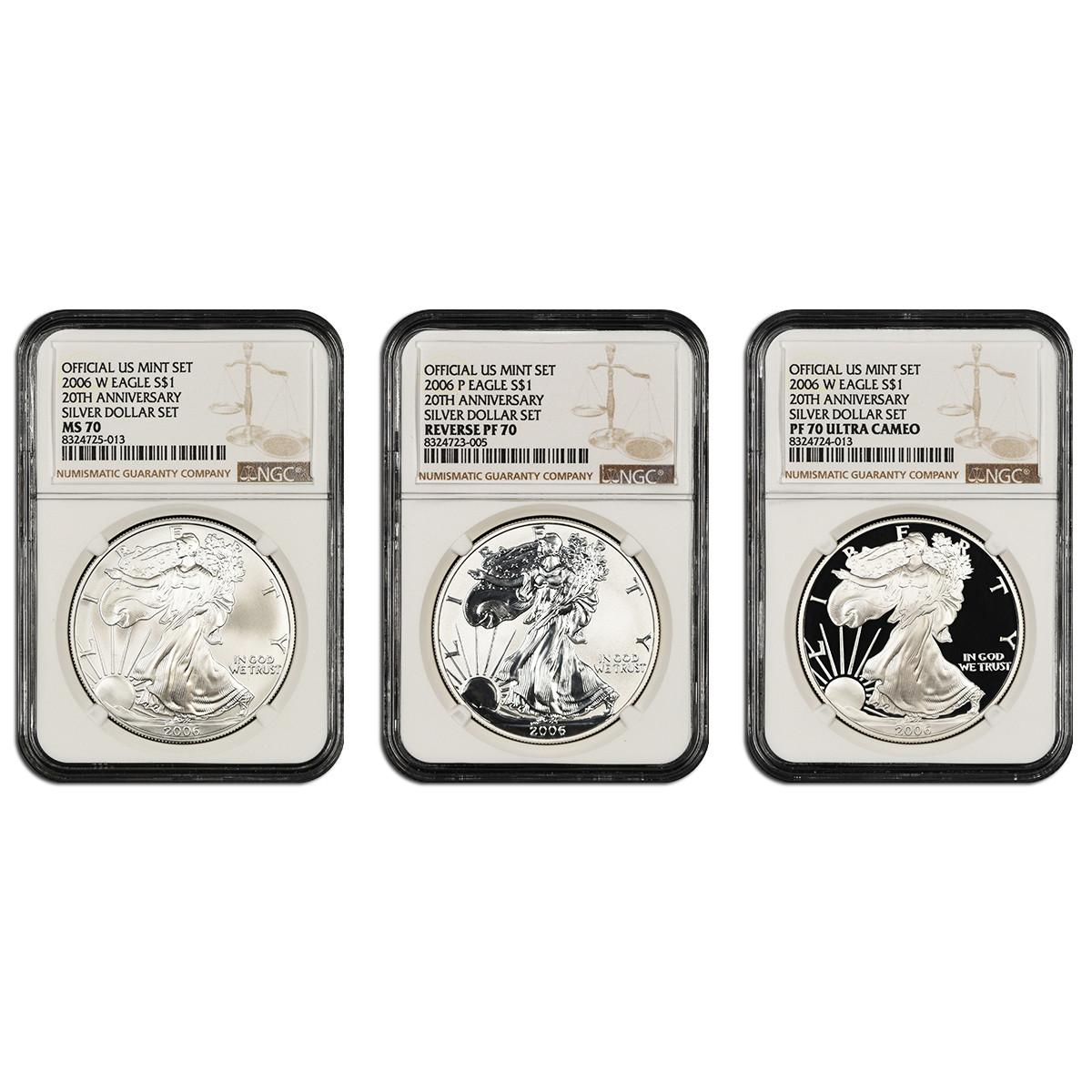 激レア！2006SS STONE “SILVER BADGE”JKT 2006 Silver Eagle Set NGC MS/rev PF/PF70 - 20th Anniversary 3pc Set