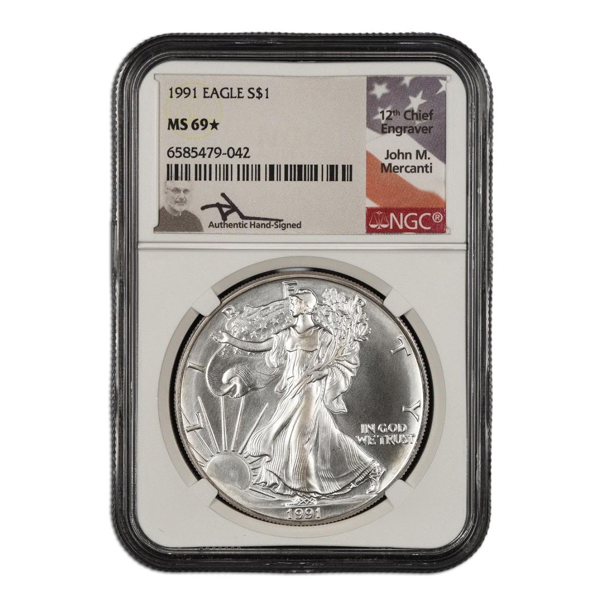 1991 $1 American Silver Eagle NGC MS69☆ John Mercanti Signature Label