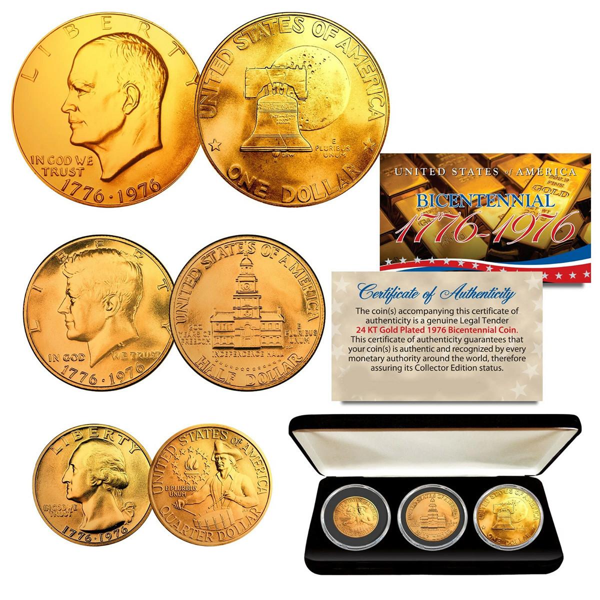 250th 1976 Bi-Centennial 3 Coin Set IKE, JFK, Quarter & 24KT