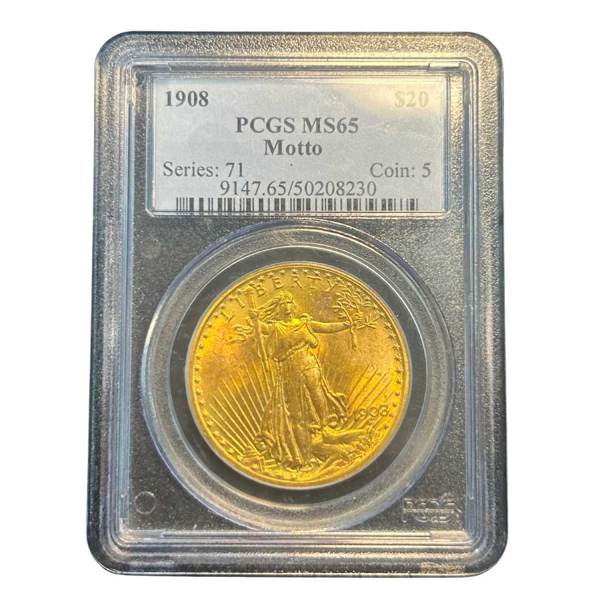 1908 $20 Saint Gaudens with Moto Gold Coin PCGS MS 65