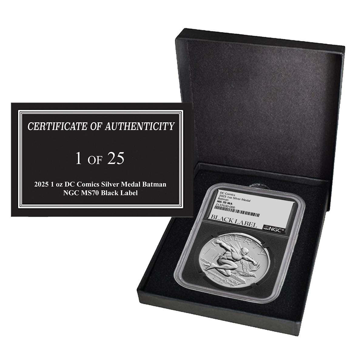 2025 1 oz DC Comics Silver Medal Batman NGC MS70 Black Label w/Box