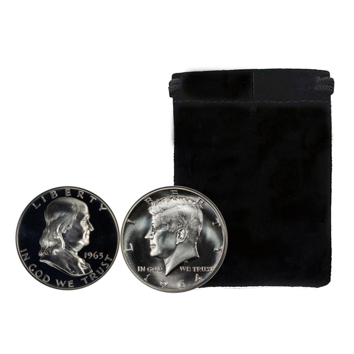 1963-1964 Franklin Kennedy Half Dollar Proof 2-Coin Set w/Velvet Bag