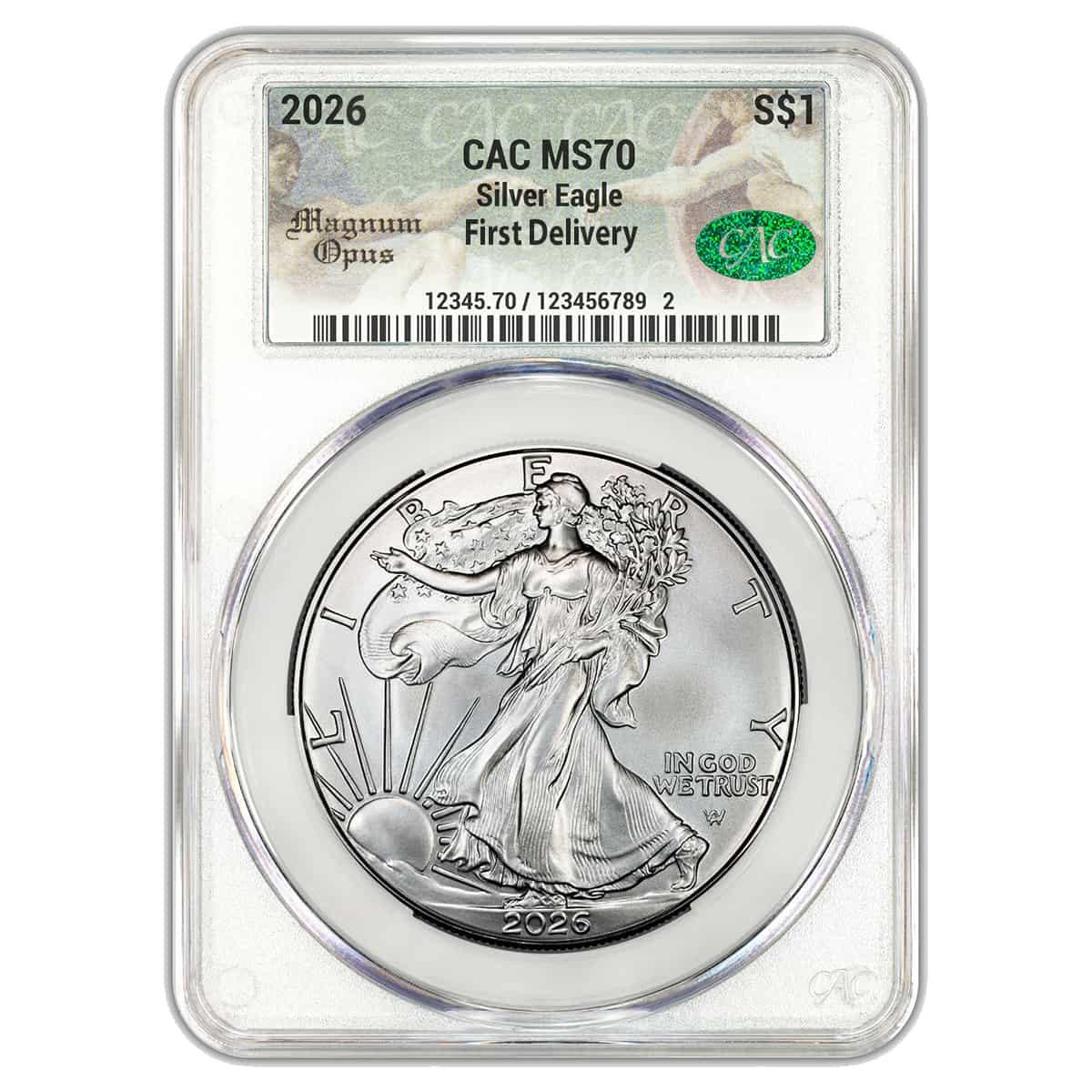 2026 $1 American Silver Eagle CAC MS70 First Delivery Magnum Opus