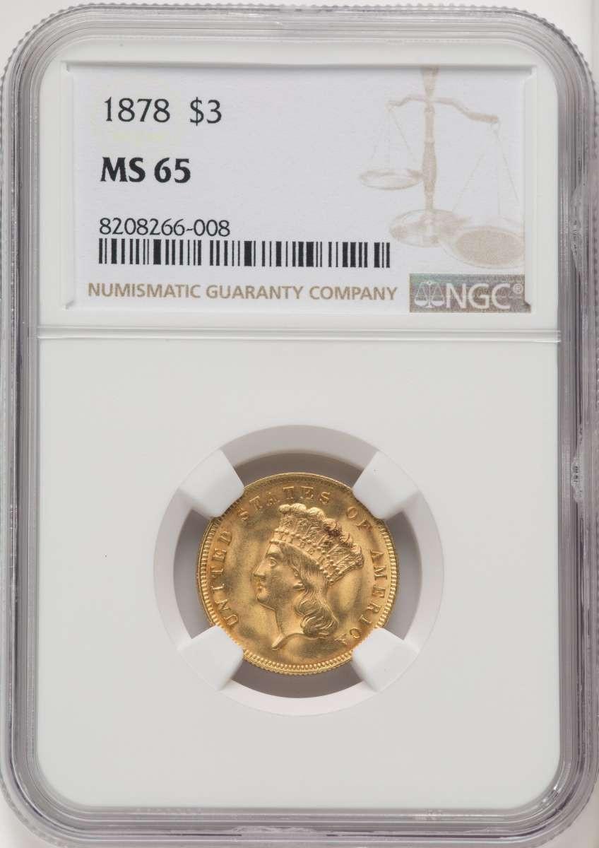 1878 $3 Three Dollar Gold Coin NGC MS65 | Rare Coins For Sale