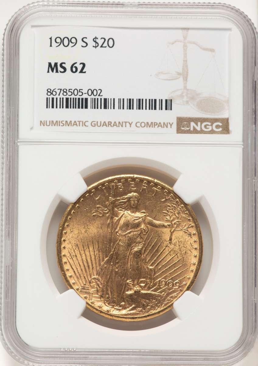 1909-S $20 Saint Gaudens Double Eagle NGC MS62 - HAT177427175