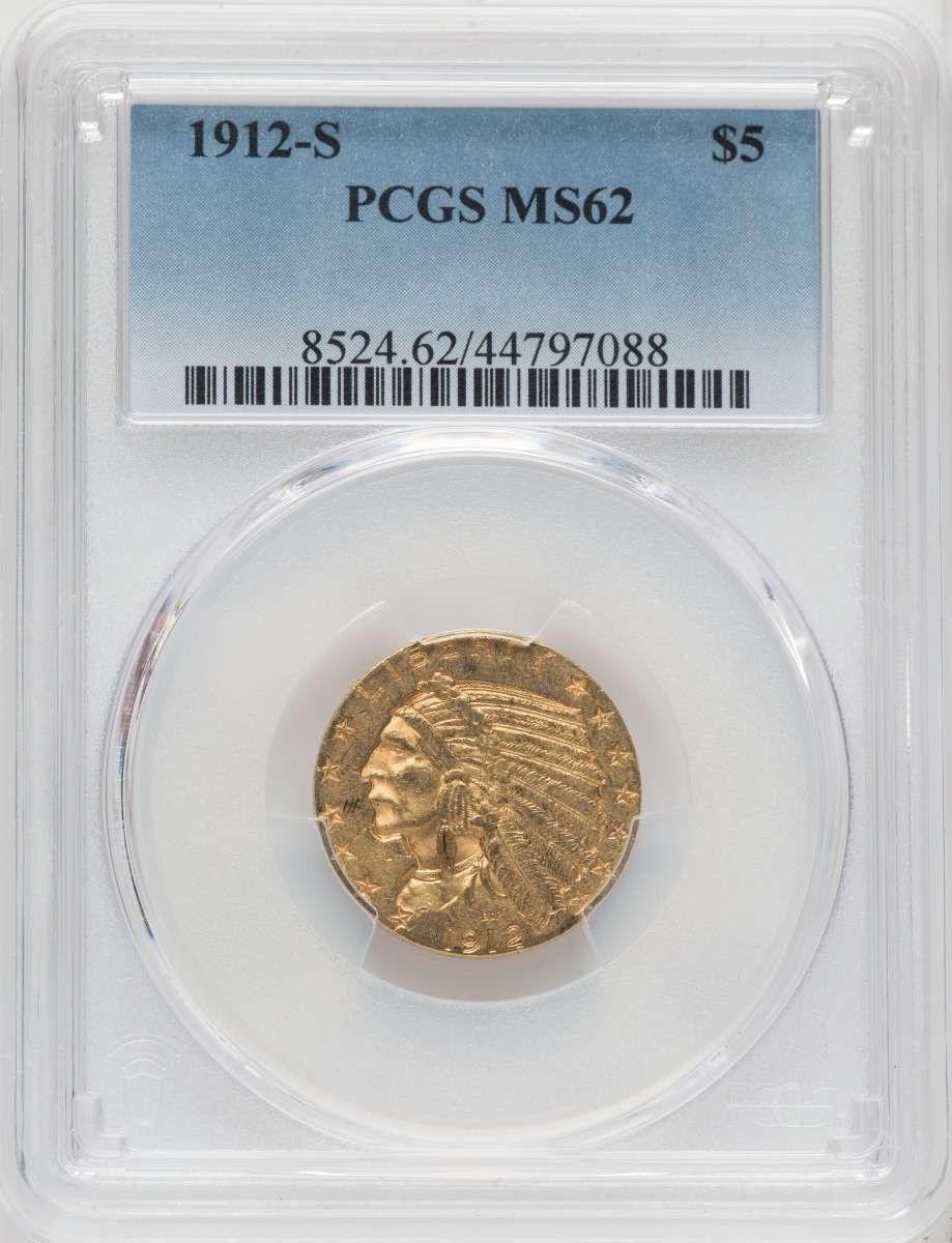 1912-S $5 Indian Gold Half Eagle Coin PCGS MS62 - HAT760542003