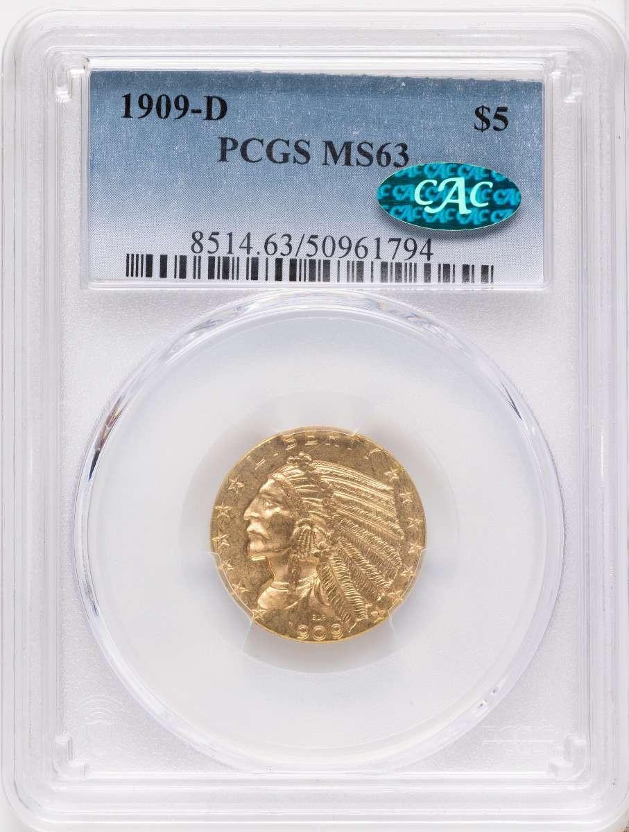 1909-D $5 Indian Gold Half Eagle Coin PCGS MS63  CAC - HAT778956043