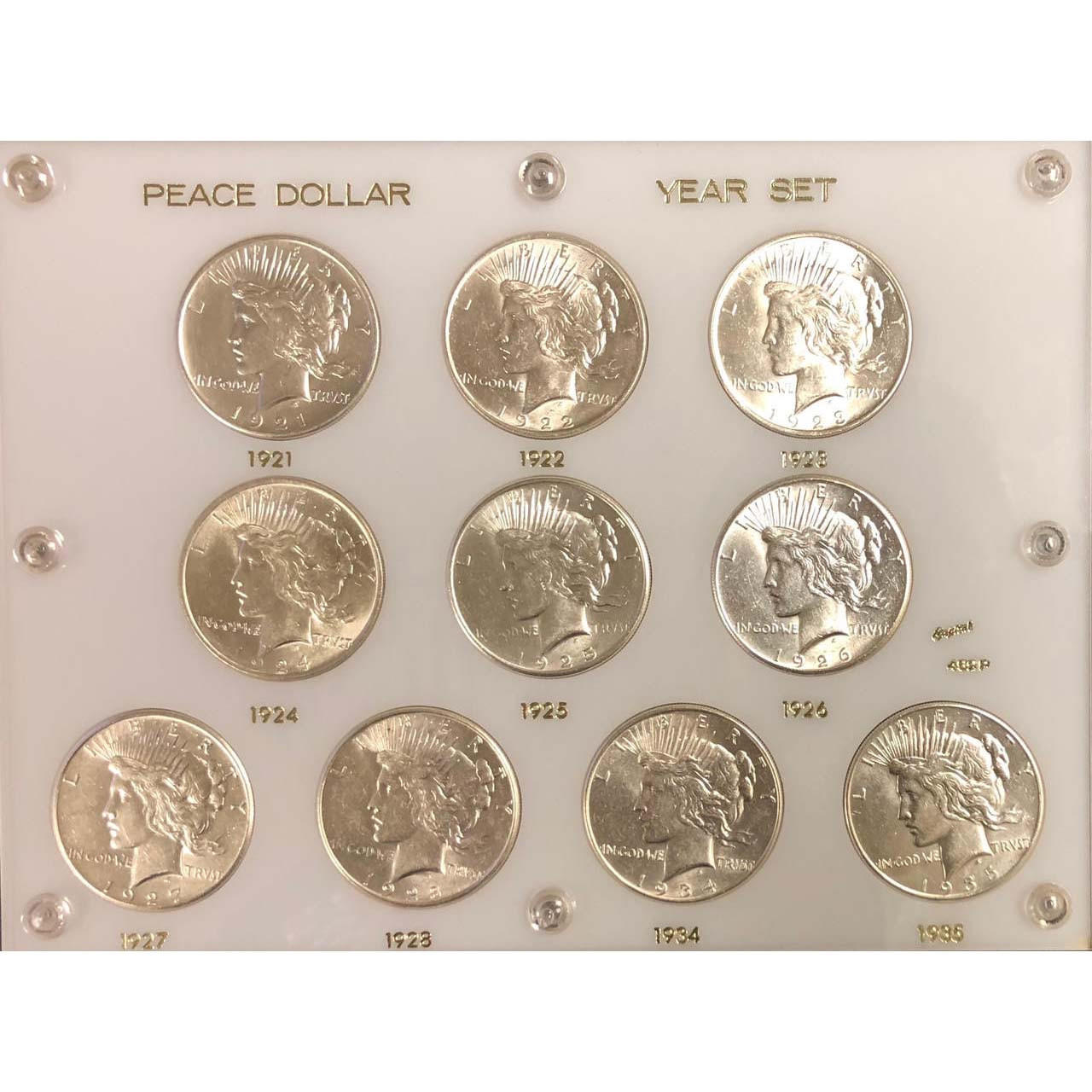 アメリカ 自由女神 1921〜1935年 10枚セット  アンティーク 1921-1935 Peace Dollar Date Set BU For Sale