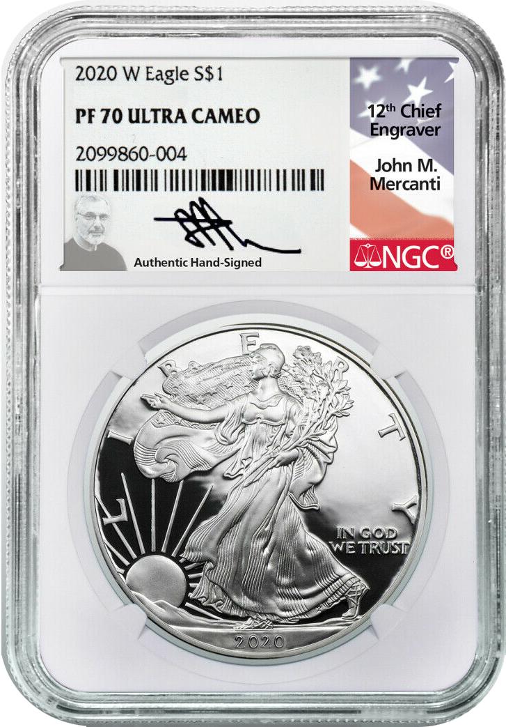 1986 & 2020 Silver Eagle NGC PF70 2-Coin Set John Mercanti Signed