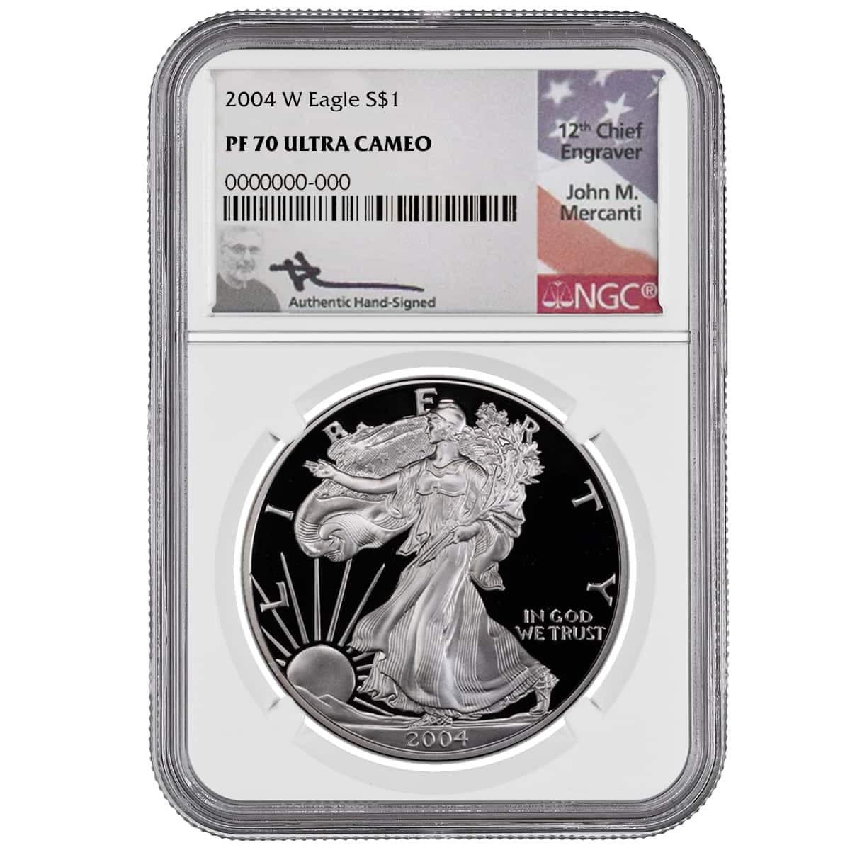 2004-W Silver Eagle NGC PF70 UCAM John Mercanti Signed