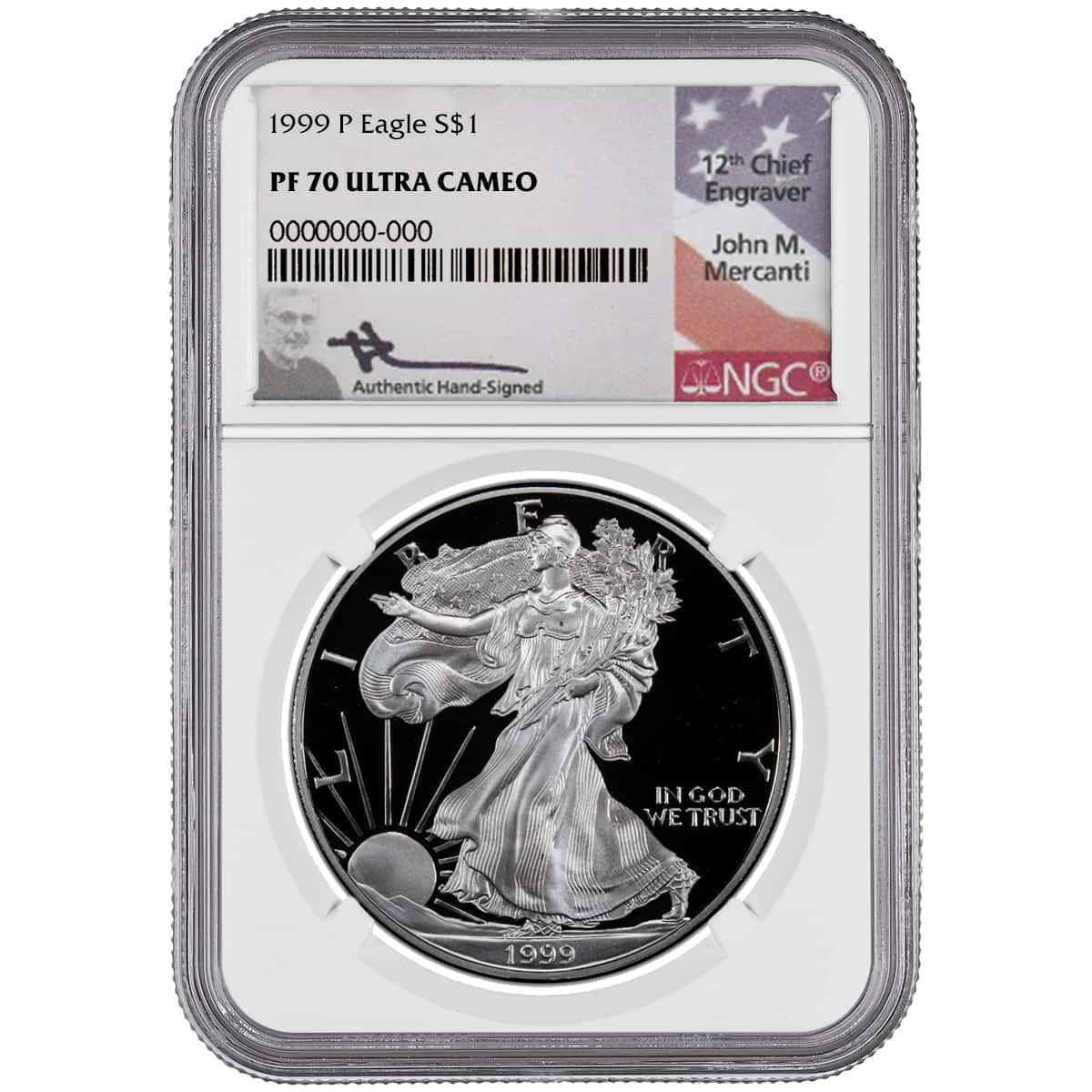 1999-P Silver Eagle NGC PF70 UCAM John Mercanti Signed - Bullion Shark