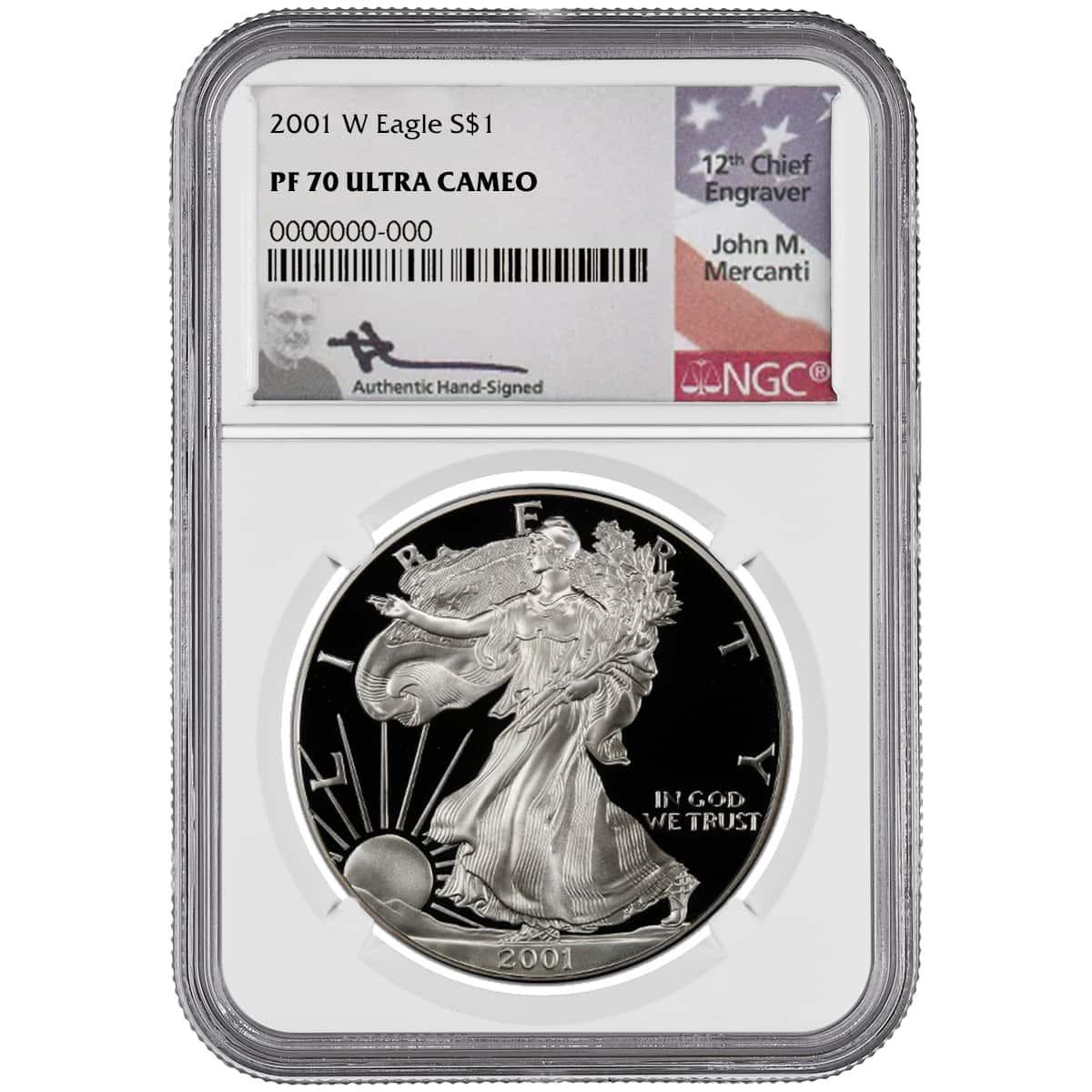 2001-W Silver Eagle NGC PF70 UCAM John Mercanti Signed