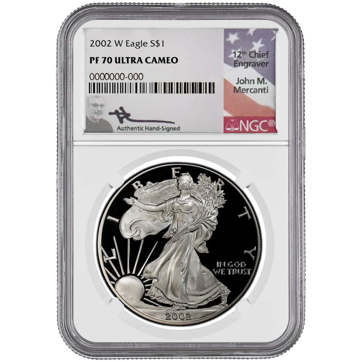 2002-W Silver Eagle NGC PF70 UCAM John Mercanti Signed - Bullion Shark