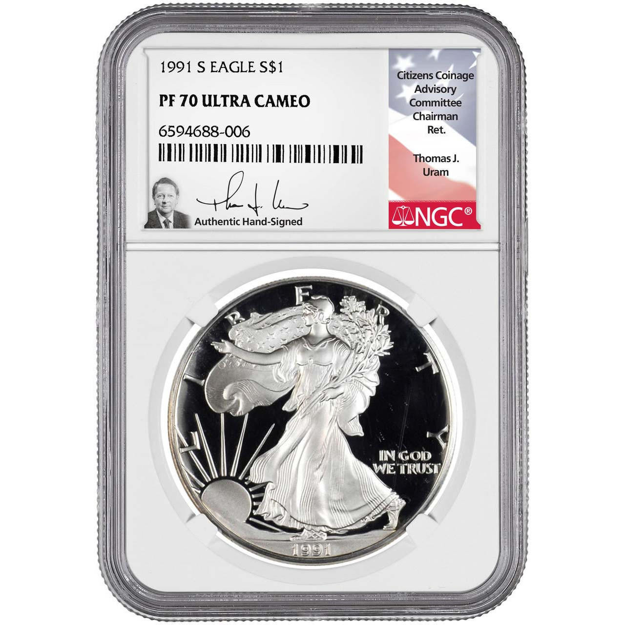 002ヘルクレスオオカブト 2003春 学名白 1991 S Silver Eagle NGC PF70 UCAM Thomas Uram Signed