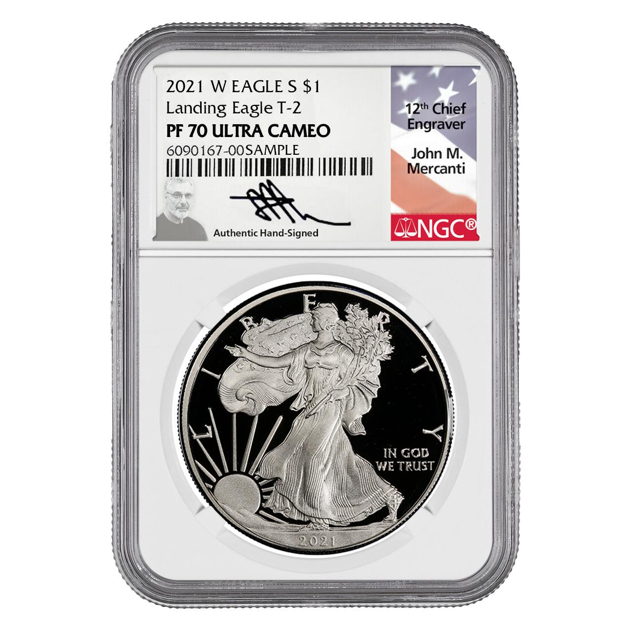 2021-W Silver Eagle T2 NGC PF 70 UCAM John Mercanti Signed