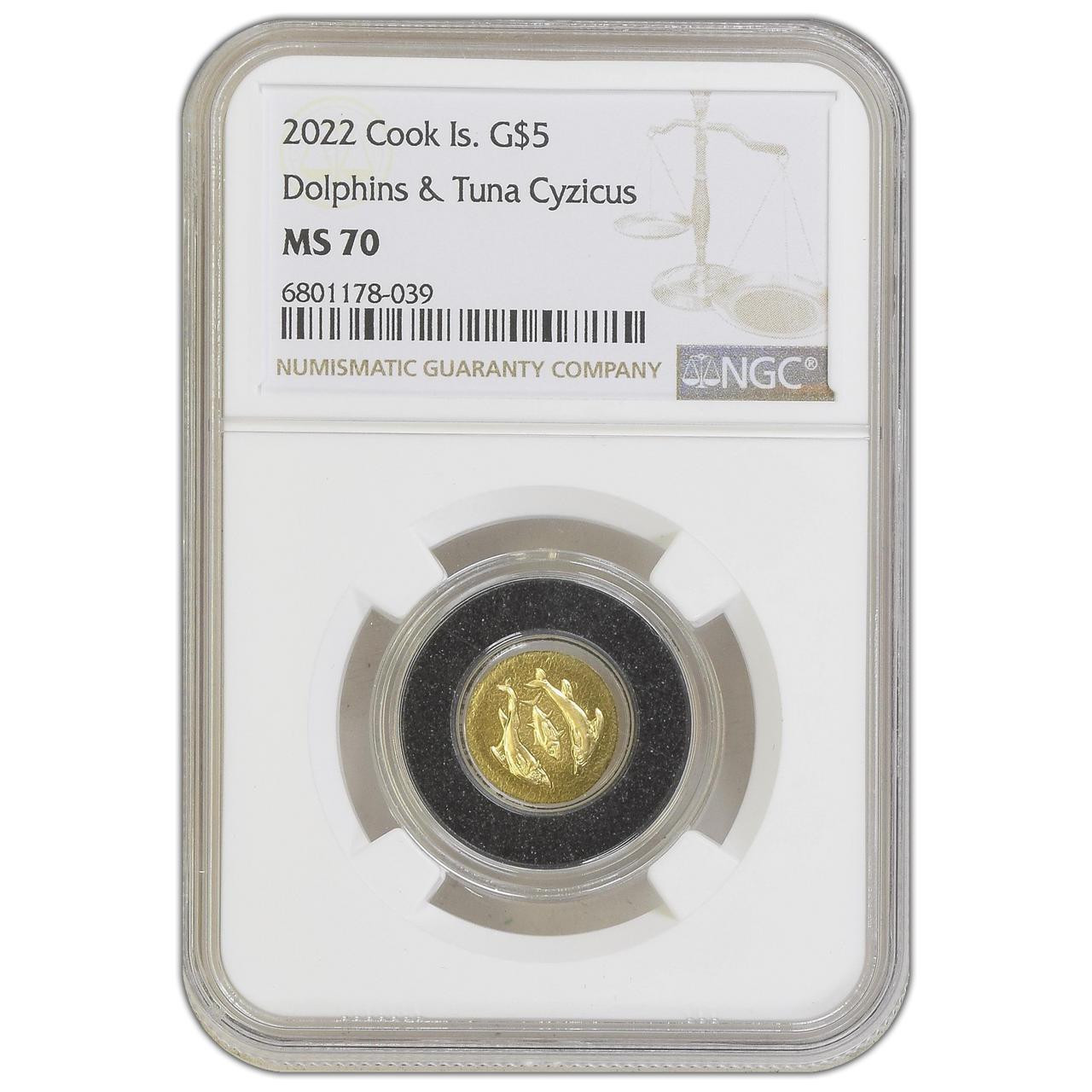 2022 $5 Gold Cook Island Dolphins & Tuna Cyzicus NGC MS70