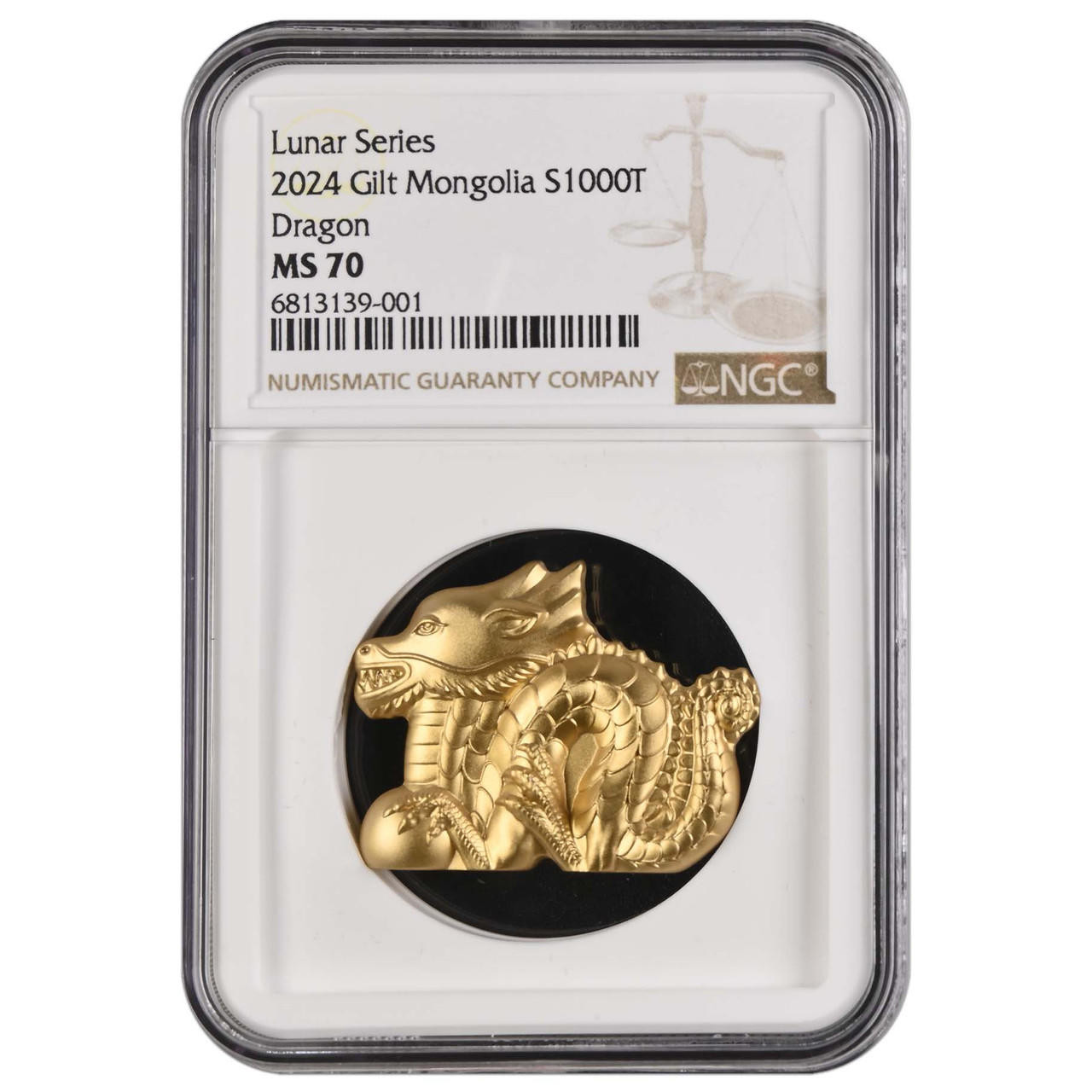 2024 1000T 1 oz Silver Mongolian Great Gilded Dragon NGC MS70 - 1of 60