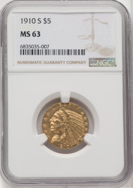  1910-S $5 Gold Indian NGC MS63 