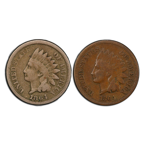 1864 Copper Nickel and Bronze Indian Head Cent 2pc Metal Collection