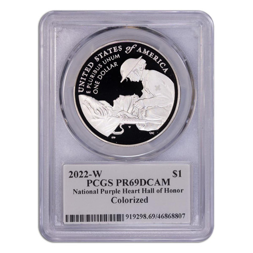 2022-W Colorized Purple Heart Silver Dollar PCGS PR69 DCAM Rear