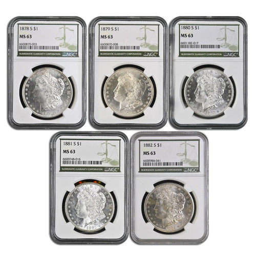 Buy 1878-1882 S Morgan Silver Dollar Set MS63 Green Label (5 Coin