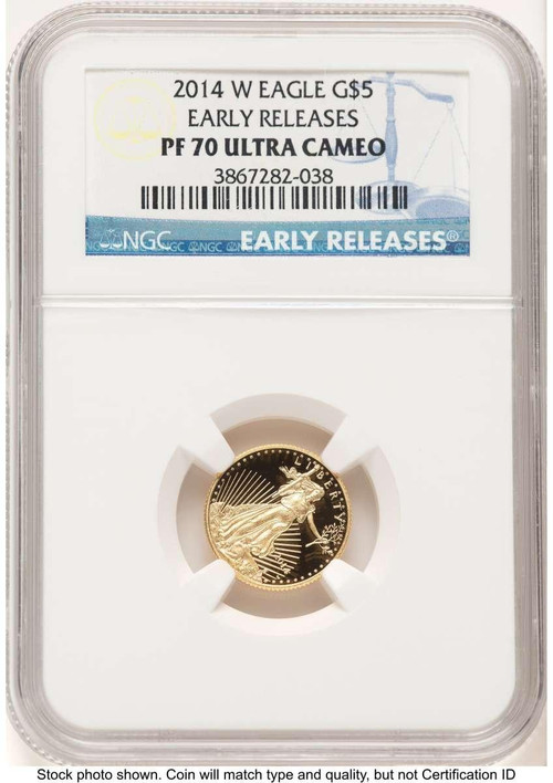 2014-W $5 1/10 oz American Gold Eagle Coin NGC MS70, First Strike