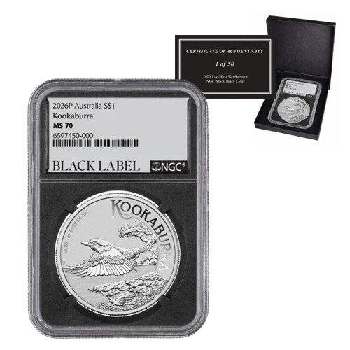2026 1 oz Silver Kookaburra NGC MS70 Black Label (1 of 50) w/Box & COA