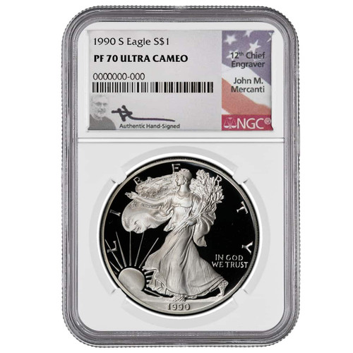 【至高の鏡面】1990年S イーグル銀貨 NGC PF69 UC プルーフ 希少 1990-S Proof Silver Eagle NGC PF70 UCAM John Mercanti Signed