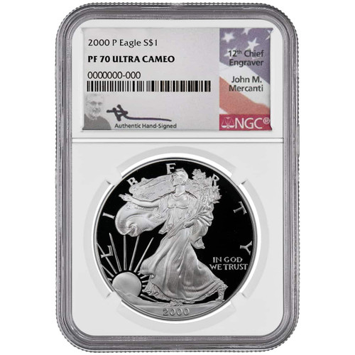 2000-P Silver Eagle NGC PF70 UCAM John Mercanti Signed - Bullion Shark