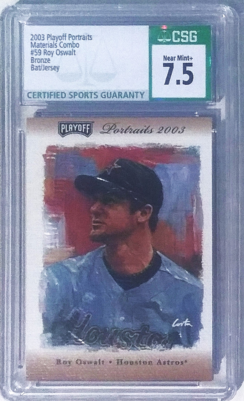 Roy Oswalt 2004 Playoff Portraits Materials Combo Bronze Bat/Jersey Card 59  34/50 Graded 7.5