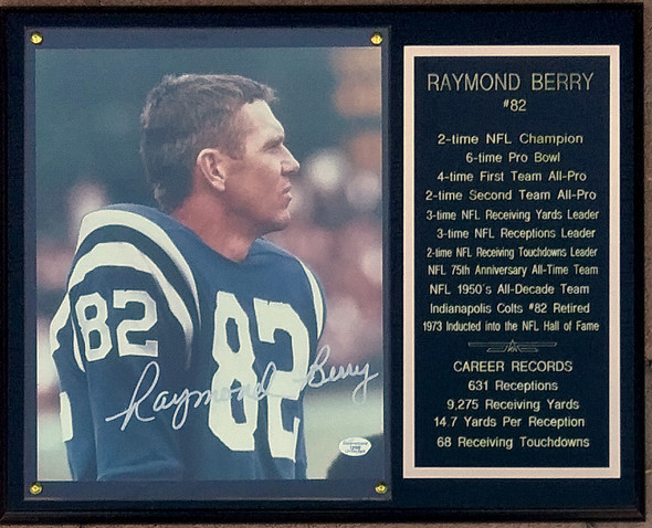 Raymond Berry Baltimore Colts Autographed 8x10 Photo in 12x15 Stats Plaque