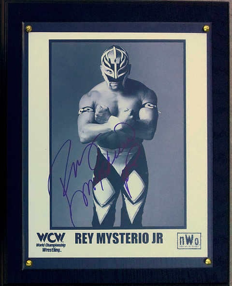 Rey Mysterio 8x10 Autographed Photo in Black-Oak Plaque