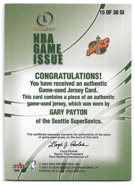 Gary Payton 2000-01 Fleer Legacy Jersey Card 15 GI