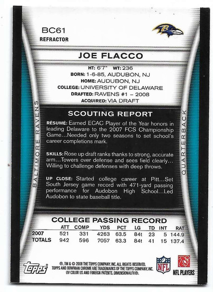 Joe Flacco 2008 Bowman Chrome Refractor Rookie Card BC61